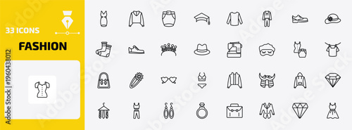 fashion outline icon set. 33 linear vector for ui, web and mobile. thin line neckline dress, sweater with hood, short skirt and more icons.