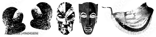 Stylized halftone masks with geometric and organic, vector illustration, art, graphic design elements, isolated faces, digital tattoo motifs, artistic expression.