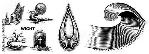 Ethereal wight ghost haunting graveyard, spectral tree, tombstone, wave motif, black and white vector, horror, dark symbols.
