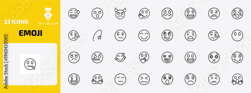emoji outline icon set. 33 linear vector for ui, web and mobile. thin line sweating emoji, surprised emoji, angry with horns and more icons.