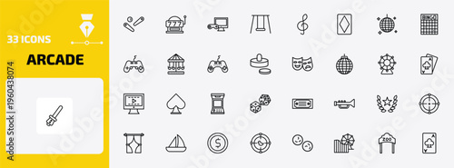 arcade outline icon set. 33 linear vector for ui, web and mobile. thin line pinball, slot hine, pc game and more icons.