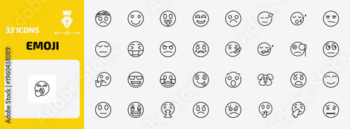 emoji outline icon set. 33 linear vector for ui, web and mobile. thin line injured emoji, happy emoji, tongue and more icons.