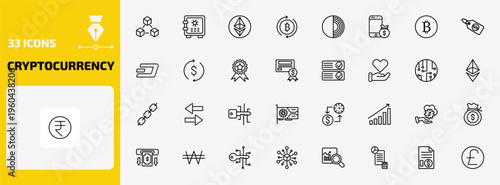 cryptocurrency outline icon set. 33 linear vector for ui, web and mobile. thin line blockchain, strongbox, and more icons.