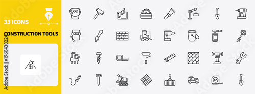 construction tools outline icon set. 33 linear vector for ui, web and mobile. thin line open paint bucket, sledge hammer, stairs with handle and more icons.