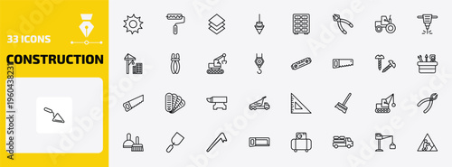 construction outline icon set. 33 linear vector for ui, web and mobile. thin line circular saw, roller and paint, tiles and more icons.