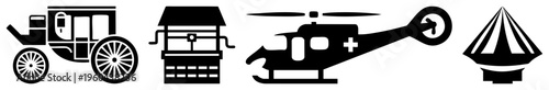 Vector featuring horse carriage, roadside kiosk, medical helicopter, and circus tent minimalist black shapes, flat design, symbolic representation.