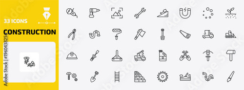 construction outline icon set. 33 linear vector for ui, web and mobile. thin line angle grinder, hand drill, wallpaper and more icons.