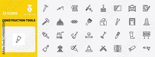 construction tools outline icon set. 33 linear vector for ui, web and mobile. thin line nail, iron soldering, copper and more icons.