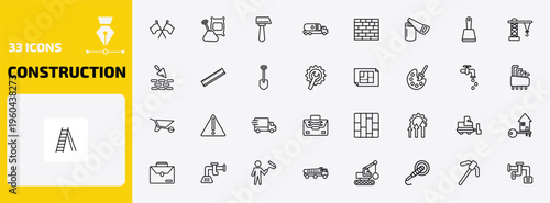 construction outline icon set. 33 linear vector for ui, web and mobile. thin line flags crossed, cement, inclined hammer and more icons.