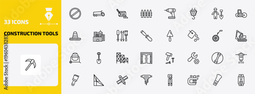 construction tools outline icon set. 33 linear vector for ui, web and mobile. thin line stopping, tipper, construction plan and more icons.