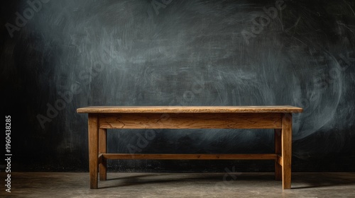Wooden classroom table placed in front of chalkboard with empty learning space, clean school interior background, educational environment with copy space for teaching concepts and academic themes