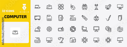 computer outline icon set. 33 linear vector for ui, web and mobile. thin line morning work, computing code, information network and more icons.