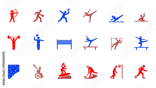 Square sports icons in grid layout, ideal for mobile apps and UI design.