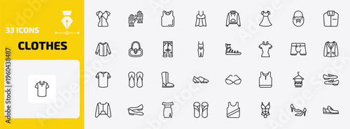 clothes outline icon set. 33 linear vector for ui, web and mobile. thin line chiffon suffle blouse, leather gloves, sleeveless shirt and more icons.