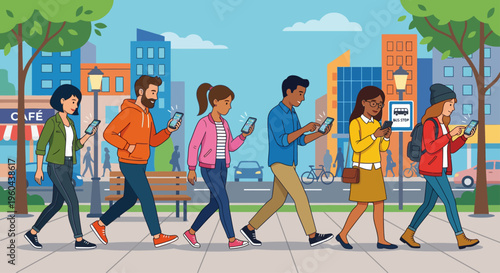 People walking on a city sidewalk while looking at their phones.