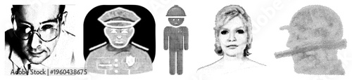Vector halftone portraits of diverse individuals man with glasses, officer, minimalist figure, woman, smoker stylized with dot, isolated foreground, graphic design elements.