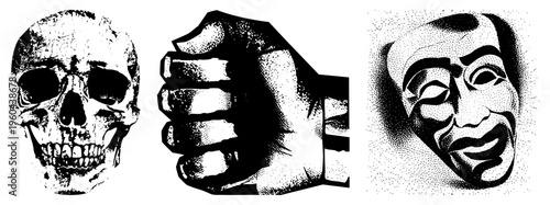 Skull, clenched fist, and theatrical mask rendered in stark halftone, symbolizing mortality, defiance, and performance, vector art with high contrast dots and sharp.