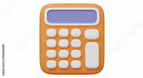 Bright orange calculator with purple display and white keys, close up illustration.