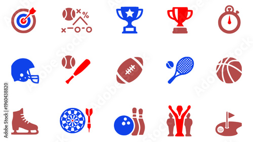 Colorful sports gear icons including balls and accessories for various activities.