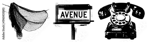 Retro rotary phone, street sign reading “AVENUE,” draped fishing net, classic vector illustrations, nostalgic urban and maritime elements.