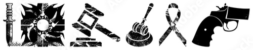 Graphic set of six symbolic dagger, sunburst, gavel, ribbon, and revolver, rendered in bold black vector style with distressed texture, suitable for legal, justice, or awareness themes.