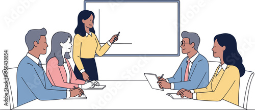 Business meeting presentation with team discussion and corporate training concept