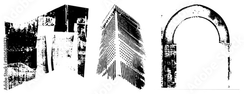 Distressed black vector of urban structures, abstract building facades, weathered archways, urban decay, architectural elements, halftone texture, graphic design.