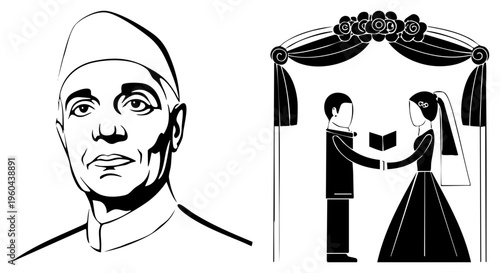 vector illustration of Mahatma Gandhi portrait and stylized wedding couple exchanging vows under arch, flat design, symbolic unity, historical and ceremonial themes.