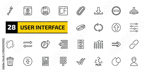 user interface outline icon set. 28 linear vector for ui, web and mobile. thin line arrow with scribble, accounts, floppy disk save button and more icons.