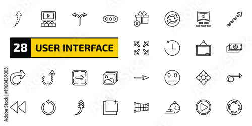 user interface outline icon set. 28 linear vector for ui, web and mobile. thin line up broken line arrow, hall, bifurcation and more icons.