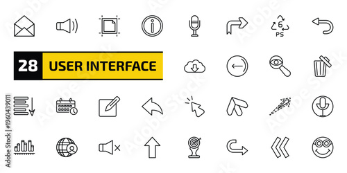 user interface outline icon set. 28 linear vector for ui, web and mobile. thin line email opened envelope, loud audio, artboard and more icons.