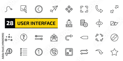 user interface outline icon set. 28 linear vector for ui, web and mobile. thin line sketched arrow, check box with cursor, round left button and more icons.