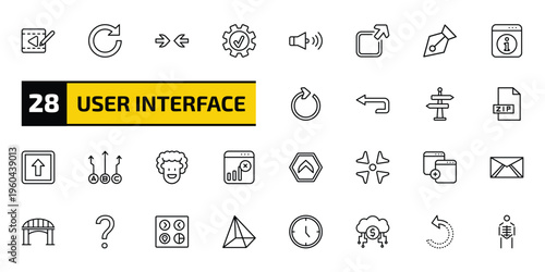 user interface outline icon set. 28 linear vector for ui, web and mobile. thin line video edition, redo arrow, opposition and more icons.
