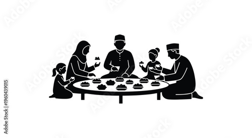 A family gathers around a table for a meal, enjoying a feast together in a warm and intimate setting, perfect for marketing, advertising, or lifestyle campaigns.