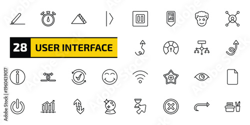 user interface outline icon set. 28 linear vector for ui, web and mobile. thin line pen writing a line, stopwatches, triangular and more icons.