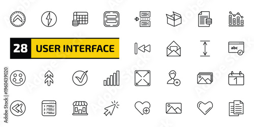 user interface outline icon set. 28 linear vector for ui, web and mobile. thin line up chevron, lightning flash, table for data and more icons.