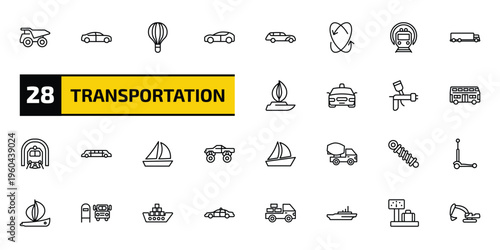 transportation outline icon set. 28 linear vector for ui, web and mobile. thin line haul, sedan, hot air balloon and more icons.