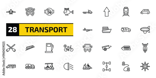 transport outline icon set. 28 linear vector for ui, web and mobile. thin line airliner, school bus empty, workshop repair and more icons.