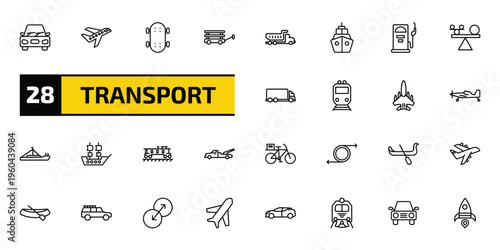 transport outline icon set. 28 linear vector for ui, web and mobile. thin line car, air transport, longboard and more icons.
