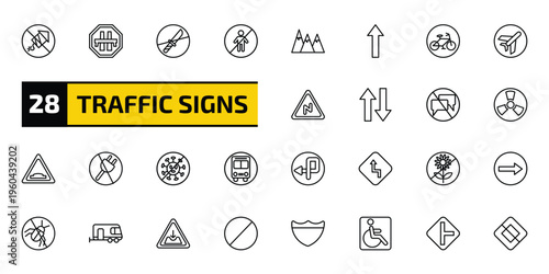 traffic signs outline icon set. 28 linear vector for ui, web and mobile. thin line no fireworks, motorway, no weapons and more icons.