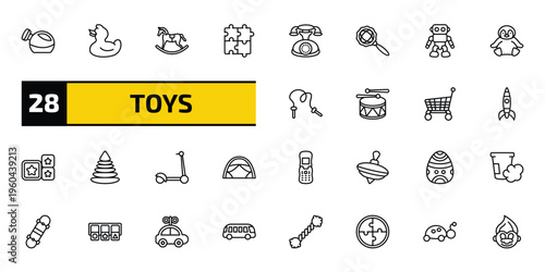 toys outline icon set. 28 linear vector for ui, web and mobile. thin line watering can toy, duck toy, rocking horse toy and more icons.