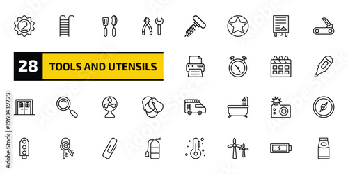 tools and utensils outline icon set. 28 linear vector for ui, web and mobile. thin line second, hanging ladder, kitchen tools and more icons.