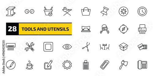 tools and utensils outline icon set. 28 linear vector for ui, web and mobile. thin line metal, clocks, empty shopping basket and more icons.