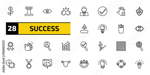 success outline icon set. 28 linear vector for ui, web and mobile. thin line investment, rook, vision and more icons.