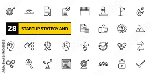 startup stategy and outline icon set. 28 linear vector for ui, web and mobile. thin line mission, gold ingots, project and more icons.