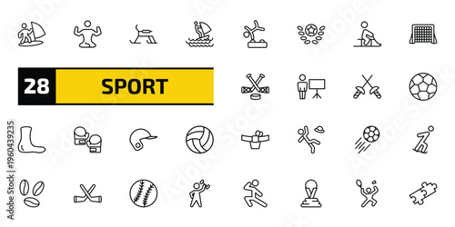 sport outline icon set. 28 linear vector for ui, web and mobile. thin line man windsurfing, yoga posture, skibob and more icons.