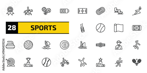 sports outline icon set. 28 linear vector for ui, web and mobile. thin line second prize, horseback, balls and more icons.