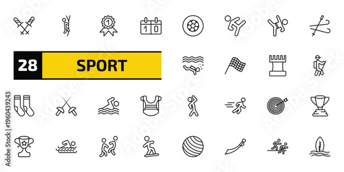 sport outline icon set. 28 linear vector for ui, web and mobile. thin line ski poles, climbing with rope, golden medal and more icons.