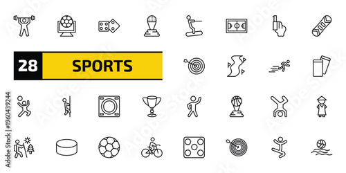 sports outline icon set. 28 linear vector for ui, web and mobile. thin line weightlifter, football channel, board gaming and more icons.