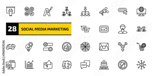 social media marketing outline icon set. 28 linear vector for ui, web and mobile. thin line seminar, options, letter color and more icons.